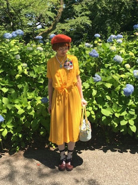 「レトロワンピース」｜「アイテム（ハンチング/ベレー帽）」を使った、ちなつ*さん（レディース・152cm）の夏コーディネート