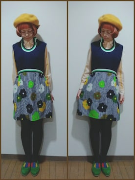 「レトロワンピース」｜「アイテム（ハンチング/ベレー帽）」を使った、ちなつ*さん（レディース・152cm）の秋コーディネート