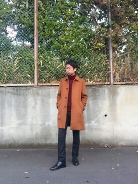 「HARUTA」｜「アイテム（ステンカラーコート）」を使った、Yujinさん（メンズ・170cm）の冬コーディネート