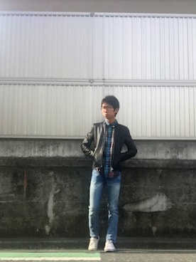 「united arrows」｜「アイテム（ライダースジャケット）」を使った、Yujinさん（メンズ・170cm）の冬コーディネート