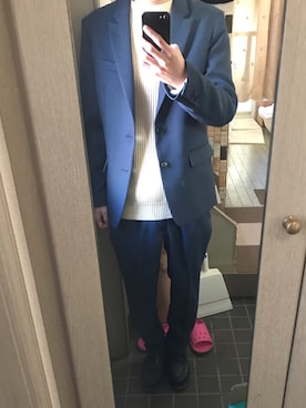 「MR.OLIVE（ミスターオリーブ）のRETORO POLYESTER TWILL / 2B SEMI PEAKED LAPEL JACKET（テーラードジャケット、ブルー系）」を使った、ほりさん（メンズ・166cm）の冬コーディネート