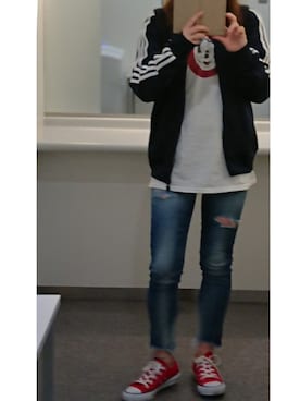 「赤コンバース」｜「アイテム（ブルゾン）」を使った、3aiko9さん（レディース・153cm）の春コーディネート