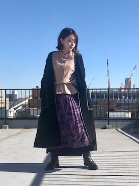 「パープル×黒」｜「アイテム（ノーカラージャケット）」を使った、CIROIさん（レディース・154cm）の冬コーディネート