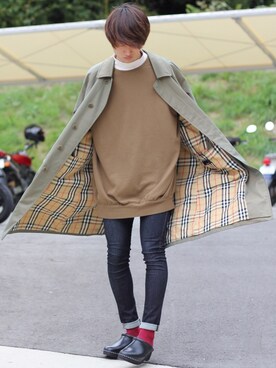 「リドム」｜「アイテム（ステンカラーコート）」を使った、みんみんさん（メンズ・173cm）の秋コーディネート