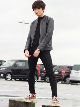 「BALENCIAGA」｜「アイテム（ライダースジャケット）」を使った、みんみんさん（メンズ・173cm）の冬コーディネート