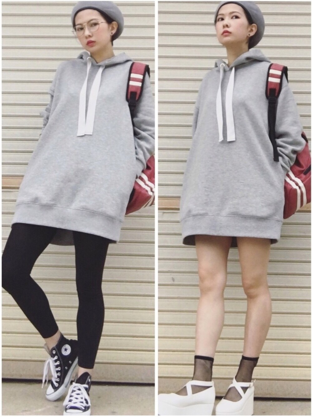 グレー系のパーカー、ブラック系のスニーカー、ホワイト系のサンダルを着用したレディースの春コーディネートの1枚目の写真
