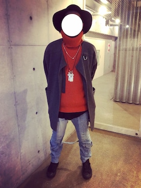「ボリュームニット」｜「アイテム（ノーカラージャケット）」を使った、U.M.E.さん（メンズ・177cm）の冬コーディネート