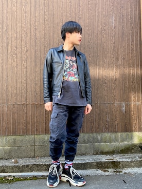 「BALENCIAGA」｜「アイテム（ライダースジャケット）」を使った、Right-on  よしきさん（メンズ・175cm）の春コーディネート