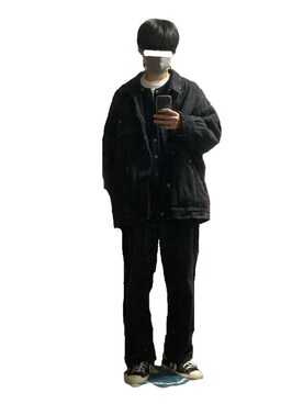 「HARE（ハレ）のデニムビッグGジャン(HARE)（デニムジャケット、ブラック系）」を使った、ナスさん（メンズ・178cm）の冬コーディネート