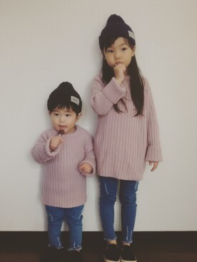 「くすみピンク」｜「アイテム（ニットキャップ/ビーニー）」を使った、yuuu_soooさん（キッズ・100cm）の冬コーディネート