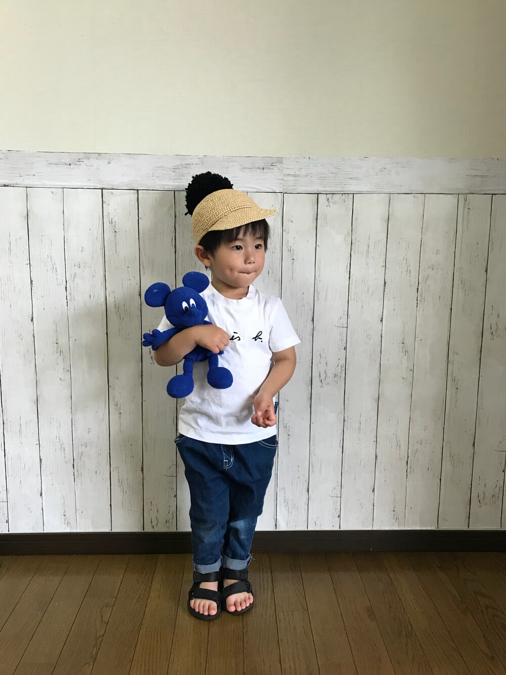「夏コーデ、青フェス2018、男の子コーデ、kids、カジュアル、デニム、スポサン、グローバルワーク(GLOBAL WORK)、handmade」｜「koreaのアイテム（デニムパンツ、ブルー系）」を使った、yuuu_soooさん（キッズ・110cm）の春コーディネートの1枚目の写真