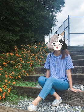 「blue」｜「アイテム（スリッポン）」を使った、Bearwenさん（レディース・160cm）の秋コーディネート