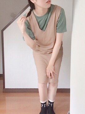 「緑」｜「アイテム（サロペット/オーバーオール）」を使った、○△□さん（レディース・165cm）の夏コーディネート