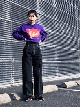 「UNE MANSION（ユヌマンション）のシースルーカフスシャーリングハイネックインナーカットソー（Tシャツ/カットソー、イエロー系）」を使った、yumiさん（レディース・155cm）の冬コーディネート
