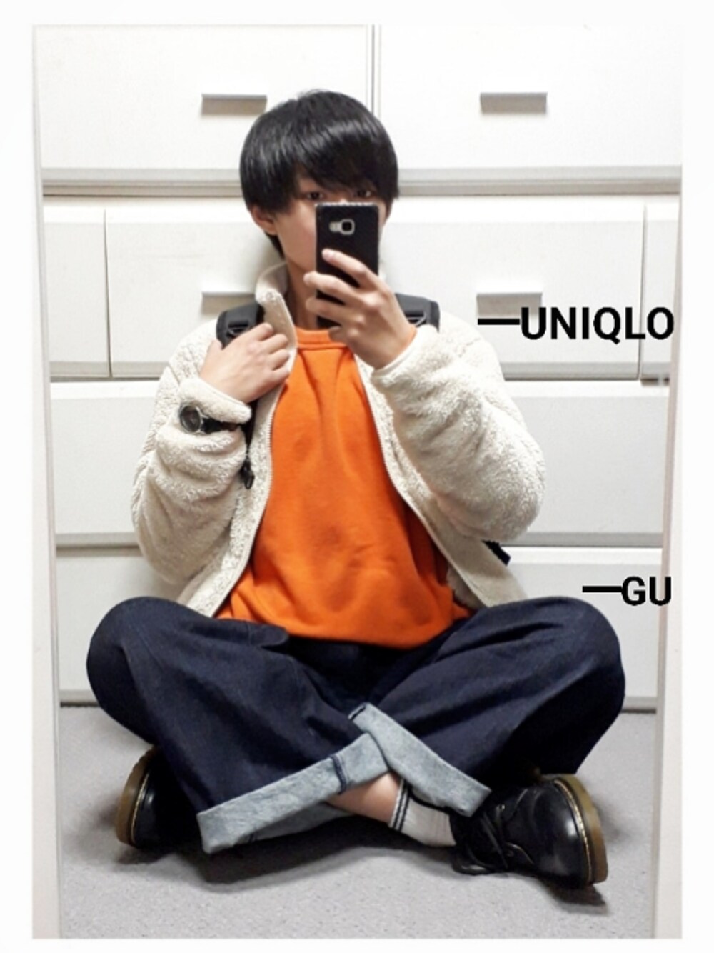 「ootd、プチプラコーデ、UNIQLO、スウェット、いいね、save、フォローお願いします🤑」｜「UNIQLOのフリースフルジップジャケット（長袖）（その他アウター、ホワイト系）」を使った、monriba🙉さん（メンズ・165cm）の冬コーディネートの1枚目の写真