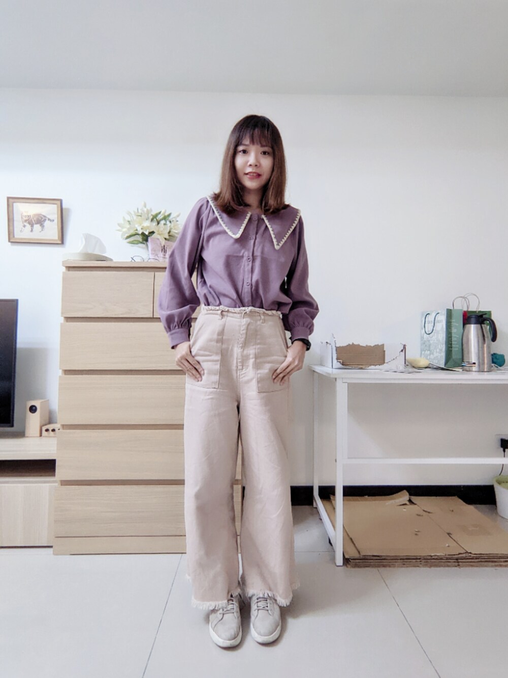 「LOWRYS FARMのハイウエストフリンジパンツ　745163 （その他パンツ、ベージュ系）」を使った、Yuchiさん（レディース・161cm）の冬コーディネートの1枚目の写真