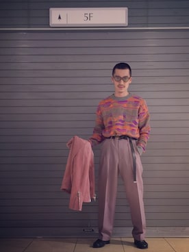 「アイテム（ライダースジャケット、ピンク系）」を使った、Yamamotoさん（メンズ・172cm）の冬コーディネート