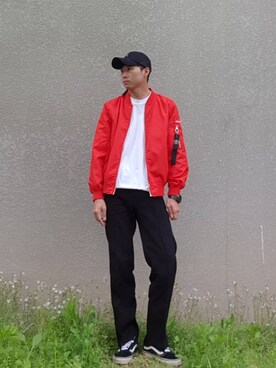 「red」｜「アイテム（キャップ）」を使った、joy4ucmaさん（メンズ・173cm）の春コーディネート
