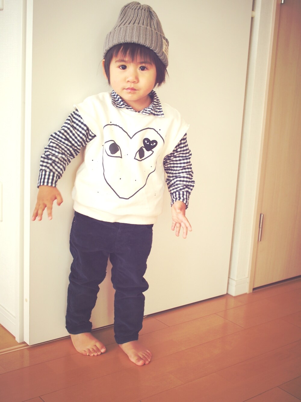 「キッズ、おとこのこ、韓国子供服、2歳、無印良品、ZARA KIDS、西松屋」｜「西松屋のアイテム（ニットキャップ/ビーニー、グレー系）」を使った、sakuさん（キッズ・90cm）の冬コーディネートの1枚目の写真
