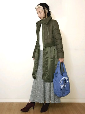 「アイテム（ブーティ、レッド系）」を使った、直月さん（レディース・162cm）の冬コーディネート