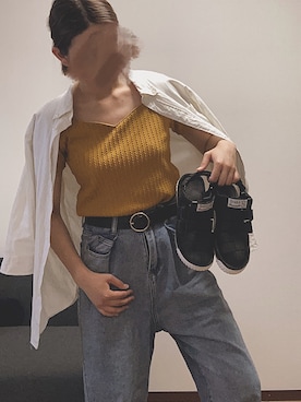 「INGNI（イング）のケーブルハートネック5分袖トップス/レディース-2017AW-（Tシャツ/カットソー、イエロー系）」を使った、fukufuku0615さん（レディース・165cm）の春コーディネート