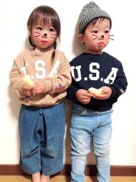 「USA」｜「アイテム（スウェット）」を使った、RuaRiku✱ﾟさん（キッズ・90cm）の秋コーディネート
