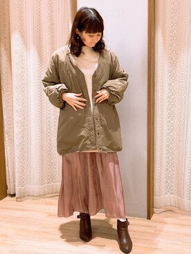 「earth music&ecology（アースミュージックアンドエコロジー）のリバーシブルノーカラーブルゾン ＊（ブルゾン）」を使った、satomikamoさん（レディース・162cm）の冬コーディネート
