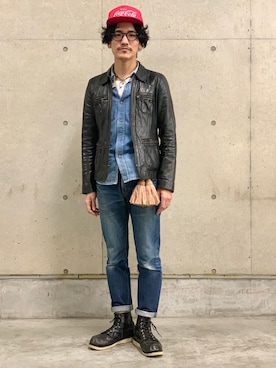 「ワーク」｜「アイテム（ライダースジャケット）」を使った、164164さん（メンズ・170cm）の冬コーディネート