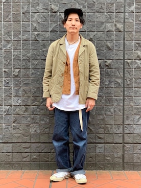 「アイテム（カバーオール、グリーン系）」を使った、164164さん（メンズ・170cm）の春コーディネート