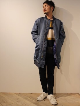 「ロング丈」｜「アイテム（MA-1）」を使った、isekat.aさん（メンズ・176cm）の冬コーディネート
