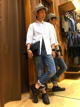 「NICOLE CLUB FOR MEN（ニコルクラブフォーメン）の【お買い得商品】綿麻ホリゾンタルカラー7分袖シャツ（シャツ/ブラウス）」を使った、イオンモール鹿児島 ハイダウェイニコルさん（メンズ・172cm）の夏コーディネート