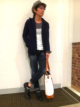 「アイテム（その他アウター、ブルー系）」を使った、イオンモール鹿児島 ハイダウェイニコルさん（メンズ・172cm）の秋コーディネート