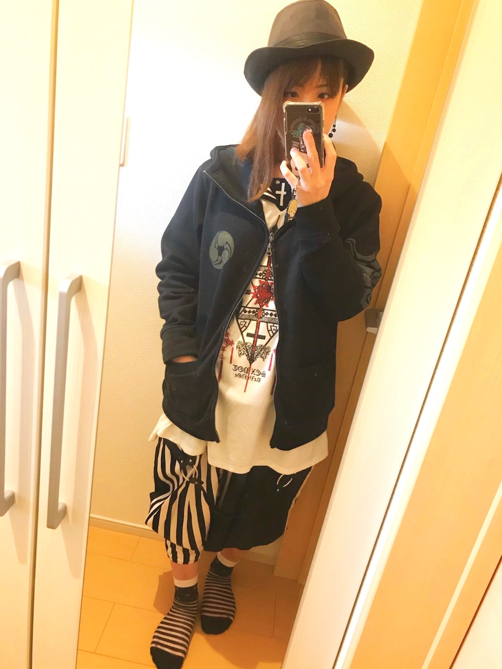 「ゆるゆるパンク、ボーダー、サルエルパンツ、セーラーカラー」｜「SEX POTのアイテム（Tシャツ/カットソー、ホワイト系）」を使った、あっちゃんさん（レディース・152cm）の春コーディネートの1枚目の写真