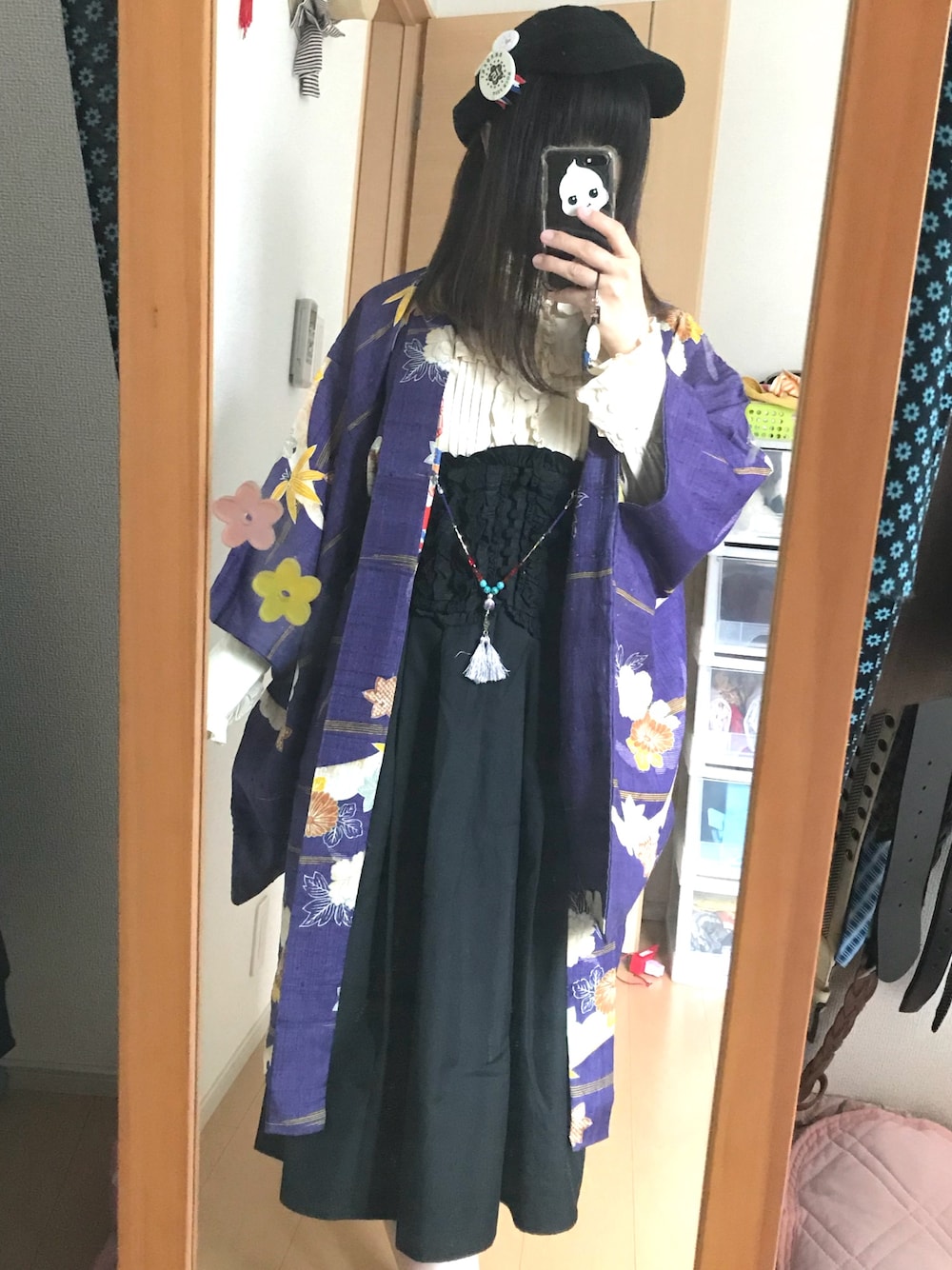 「着物スカート、metamorphose temps de fille、Kawaii、コルセット」｜「F i.n.tのアイテム（スカート、ブラック系）」を使った、あっちゃんさん（レディース・153cm）の秋コーディネートの1枚目の写真
