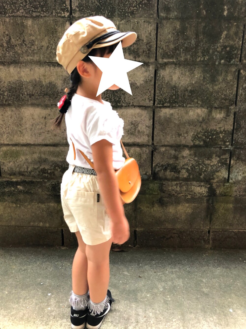 「休日スタイル、5歳、女の子、キッズコーデ」｜「petit mainの布帛マリンキャップ（キャスケット、ベージュ系）」を使った、othh_lala♪hさん（キッズ・100cm）の夏コーディネートの1枚目の写真