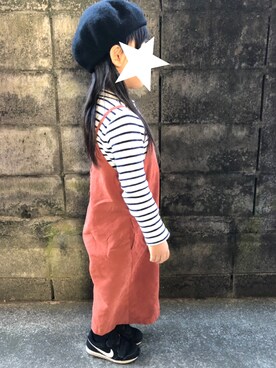 「BRANSHES（ブランシェス）のテレコボーダー長袖Tシャツ（Tシャツ/カットソー）」を使った、othh_lala♪hさん（キッズ・100cm）の冬コーディネート