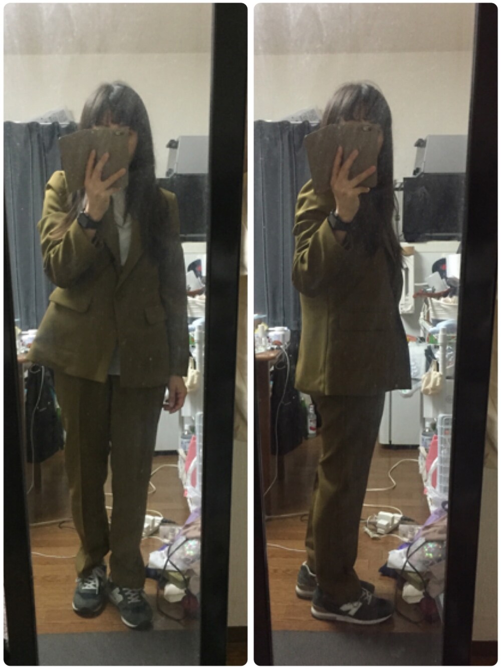 グリーン系のフォーマルスーツ/小物を着用したレディースの秋コーディネートの1枚目の写真