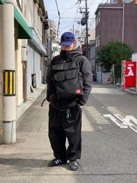 「Manhattan Portage（マンハッタンポーテージ）のSilvercup Backpack　-シルバーカップ バックパック-（バックパック/リュック）」を使った、Manhattan Portage Staffさん（メンズ・176cm）の冬コーディネート