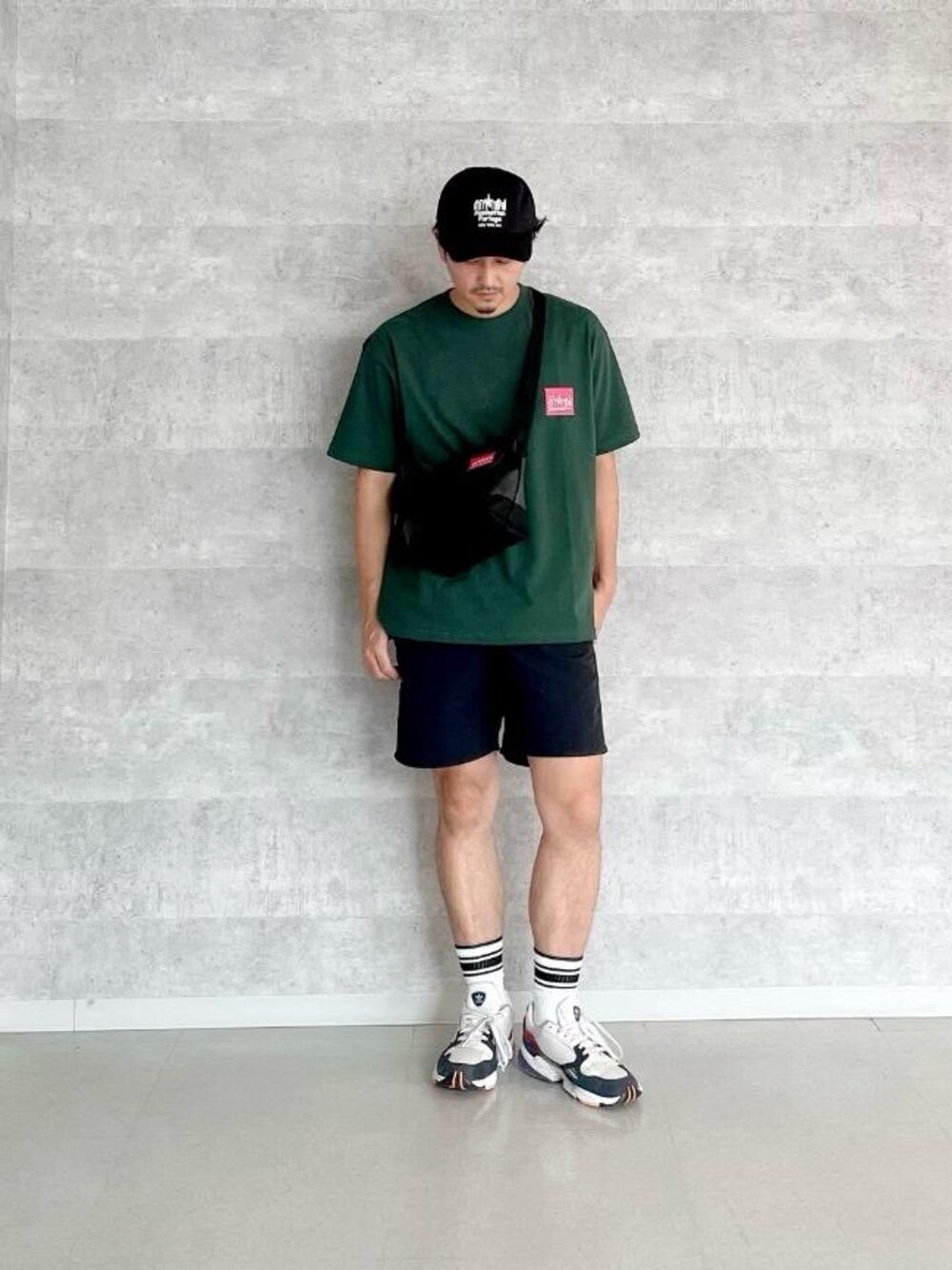 ブラック系のメッセンジャーバッグを着用したメンズの夏コーディネートの1枚目の写真