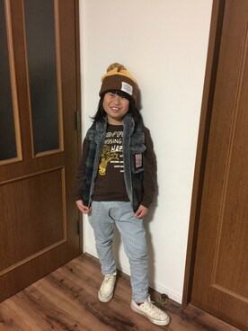 「柄×柄」｜「アイテム（ニットキャップ/ビーニー）」を使った、◡̈*✧Rikky◡̈⃝☆*ﾟさん（キッズ・135cm）の冬コーディネート