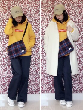 「キャップ女子」｜「アイテム（ノーカラージャケット）」を使った、tingtingさん（レディース・153cm）の冬コーディネート