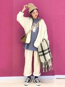 「アイテム（ストール/ショール、ホワイト系）」を使った、tingtingさん（レディース・153cm）の冬コーディネート