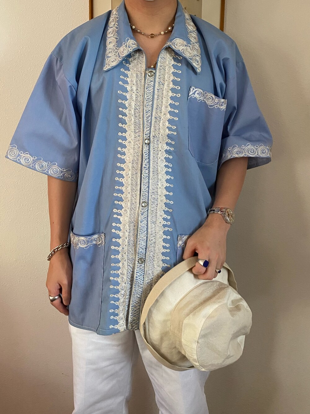 「お洒落さんとつながりたい、ootd、ディッキーズ(Dickies)、874、夏コーデ、相互フォロー、アパレル店員、きれいめカジュアル」｜「used ブルーシャツのアイテム（シャツ/ブラウス、ブルー系）」を使った、yuhri 「相互フォロー」さん（メンズ・172cm）の春コーディネートの1枚目の写真