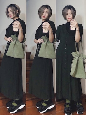 「アイテム（レッグウェア、グリーン系）」を使った、怜さん（レディース・165cm）の秋コーディネート