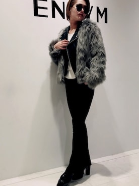 「ENVYM（アンビー）のアイテム（ライダースジャケット）」を使った、Mutsumiさん（レディース・158cm）の秋コーディネート
