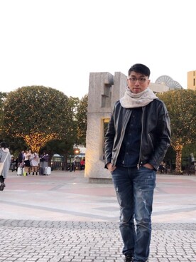 「DIESEL（ディーゼル）のアイテム（ライダースジャケット）」を使った、林杰宏さん（メンズ・180cm）の冬コーディネート