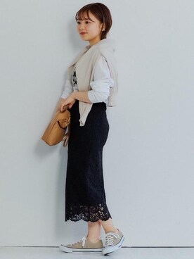 「green label relaxing（グリーンレーベルリラクシング）のSC メタルパール ロング ネックレス（ネックレス）」を使った、bataさん（レディース・150cm）の冬コーディネート