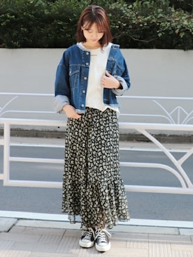 「ノーカラー」｜「アイテム（デニムジャケット）」を使った、tokuhiroさん（レディース・164cm）の冬コーディネート