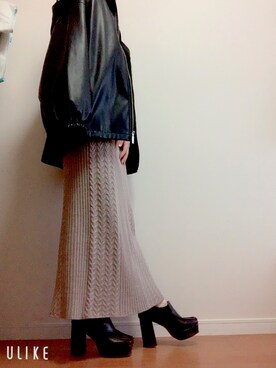 「PAGEBOY（ページボーイ）のリブケーブルニットスカート（スカート、ブラウン系）」を使った、ponchan365さん（レディース・158cm）の秋コーディネート