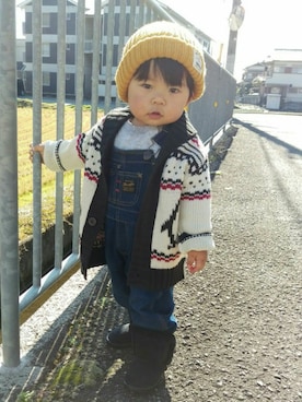 「Wrangler（ラングラー）のアイテム（サロペット/オーバーオール）」を使った、あお02さん（キッズ・80cm）の冬コーディネート